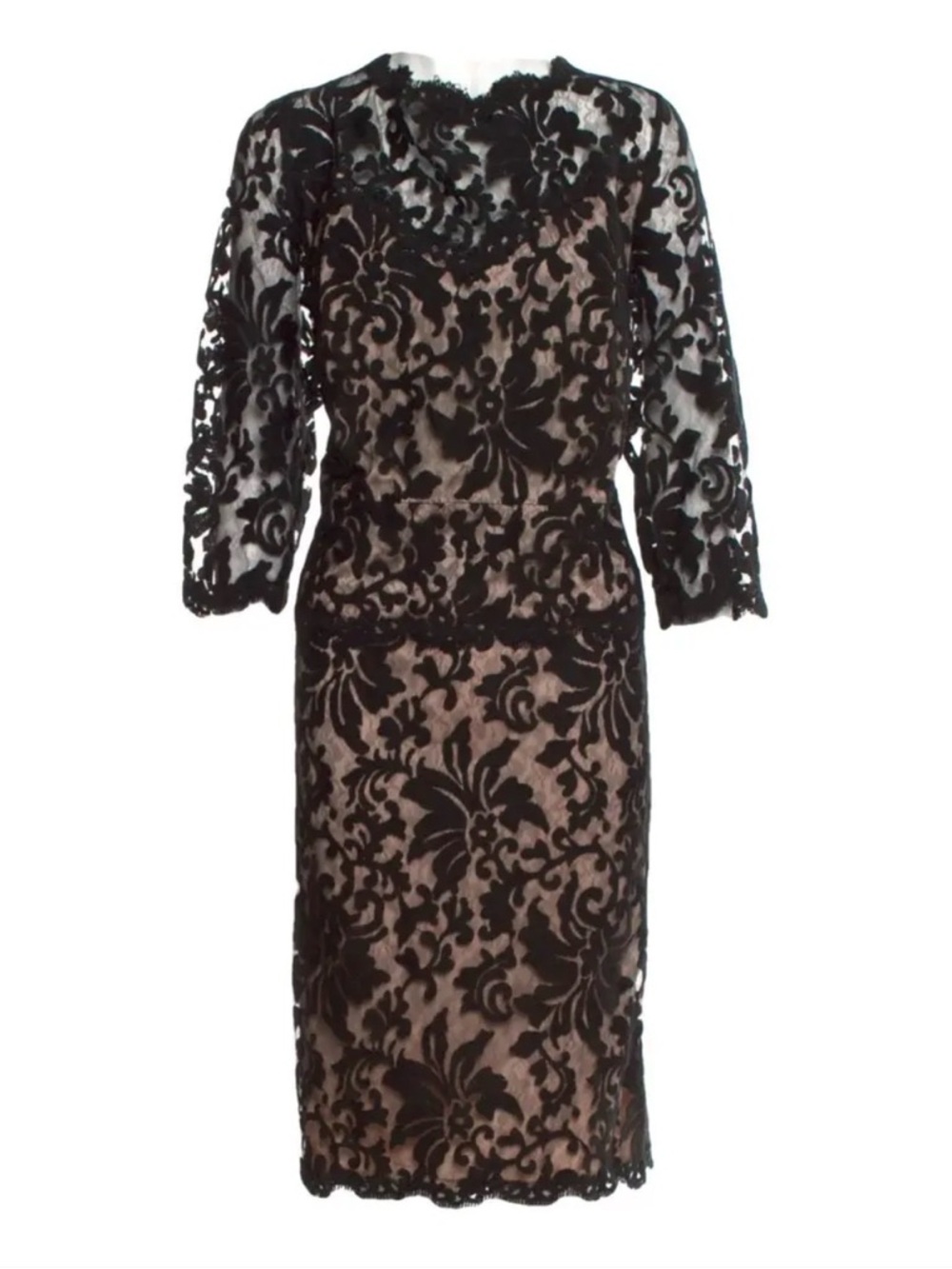 Tadashi Shoji Black Lace Overlay Sheath Dress with Nude Underlay